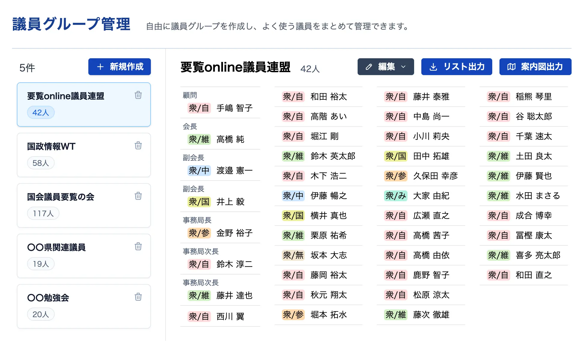 要覧online 議員グループ画面